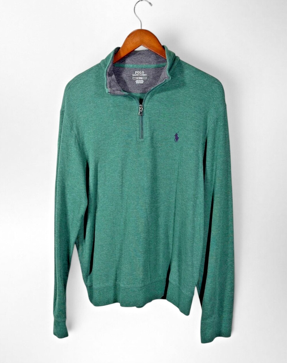 Polo Ralph Lauren Men M Green Heather 1/4 Zip Pullover Purple Pony Sweater